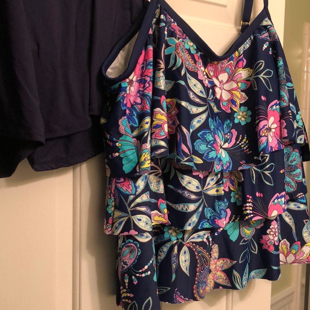 Maxine of Hollywood Asymmetrical Blue Camisole & separate swim shorts included.